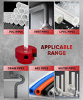 1-1/2 Inch PVC Pipe Reamer And Fitting Saver For SCH40 ABS CPVC Pipes with images of applicable pipe types, DIY plumbing tool.