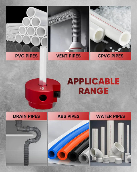 1-1/2 Inch PVC Pipe Reamer And Fitting Saver For SCH40 ABS CPVC Pipes with images of applicable pipe types, DIY plumbing tool.