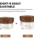 58.5mm Coffee Distributor with Walnut Wood Handle, adjustable depth tamper shown before and after adjustment for 58mm portafilters