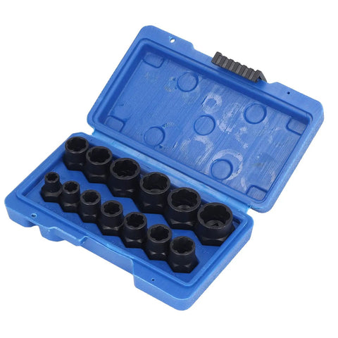 Rock Solid 13 Piece Nut Extractor Set With 3/8in Driver, High Density Chrome Molybdenum Steel Lug Remover Tool Kit For Stripped Rusted Bolts And Damaged Hex Screws That Actually Grip Tight. blue case with black nut extractor sockets