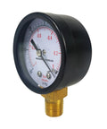 Front view of HFS vacuum pressure gauge with black steel housing, 1/4 in NPT lower mount and dual psi/Bar scale.