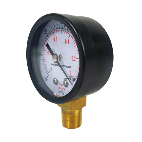 Front view of HFS vacuum pressure gauge with black steel housing, 1/4 in NPT lower mount and dual psi/Bar scale.