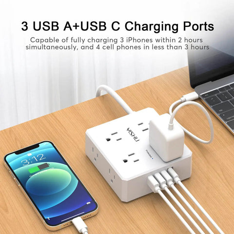 10 Foot Extension Cord Heavy Duty Surge Protector Power Strip With Eight Outlets And Four USB Ports charging phone and laptop