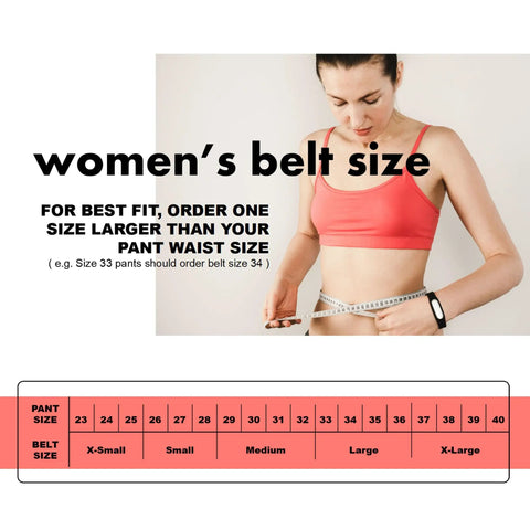 womens belt size guide illustration with measuring tape and size chart for Reliable Daily Go To Womens Black Faux Leather Belt With Metallic Silver Buckle Adjustable Waist Strap For Denim Jeans And Flowy Dresses One Point Two Inch Width Dress Up Or Down Fits Like A Dream.