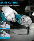 Brushless Cordless Sheet Metal Nibbler For Makita 18V Battery in use, cutting a curved metal sheet with precision.
