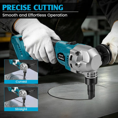 Brushless Cordless Sheet Metal Nibbler For Makita 18V Battery in use, cutting a curved metal sheet with precision.