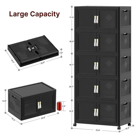 Premium Five Tier Storage Tower With Clear Front Panel Foldable Stackable Cabinet Rack Massive 230 Gallon Capacity, showcasing dimensions and foldable design.