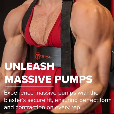 Black Heavy Duty Aluminum Arm Blaster For Bicep Curls And Arm Isolation Improve Strict Curl Form Grow Bigger Arms Durable Gym Accessory Built To Last Through Heavy Lifts worn by man in gym