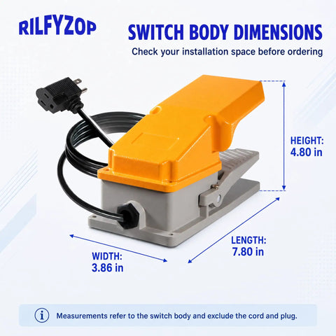 Foot Pedal Switch With Aluminum Housing and Protective Guard, 15A SPDT Momentary NO NC, 5 Ft Cord, 3 Prong Piggyback Plug, Great for Router, Drill Press, and Workshop Vacuum, Hands Free Power On Off Control; dimensions 7.80 x 3.86 x 4.80 in
