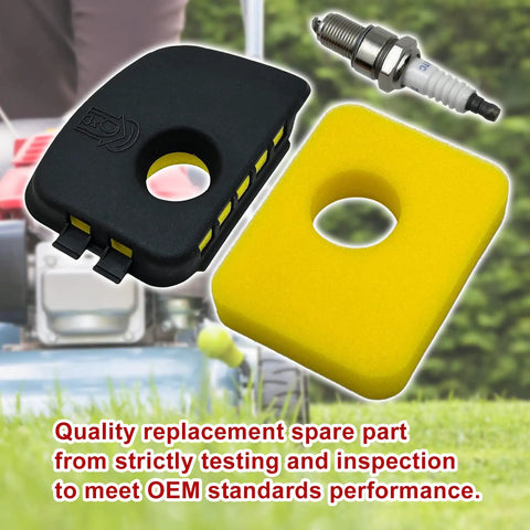 Three Pack Replacement Foam Air Cleaner Filter For Lawn Mower, yellow and black filters with spark plug, outdoor background.