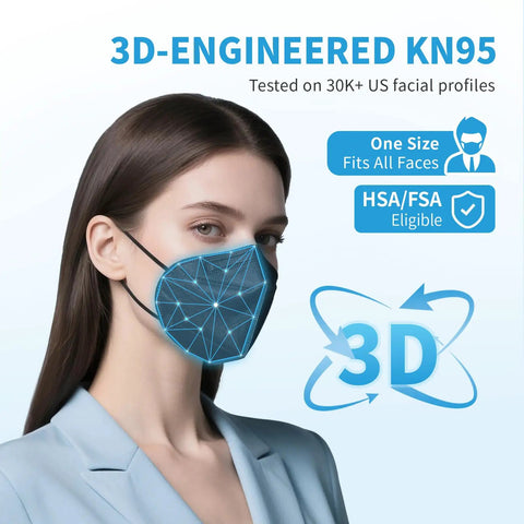 3D-Engineered KN95 face mask on person, one size fits all, with comfy ear loops, visible blue design grid overlay.