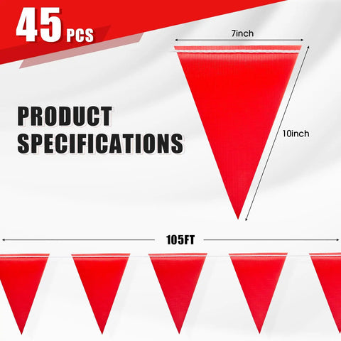105ft Safety Warning Pennant Flags Set for Outdoor Fencing and Roadwork High Visibility Triangle Flags Multipurpose Hazard Area Markers Red 45 Pack Weatherproof and UV Resistant Easy Install for Parties and Jobsites