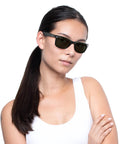 Woman wearing RB2132 New Wayfarer Polarized Square Sunglasses Unisex Slim Black Frame With Green Polarized Lenses 55mm