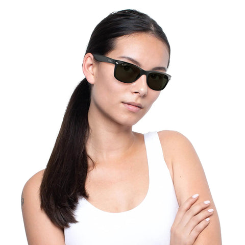 Woman wearing RB2132 New Wayfarer Polarized Square Sunglasses Unisex Slim Black Frame With Green Polarized Lenses 55mm