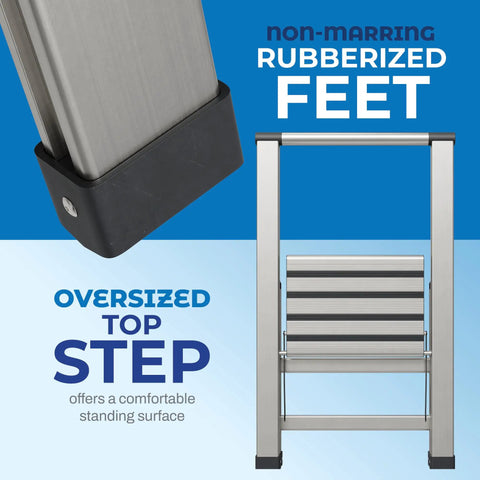 One Step Folding Aluminum Ladder Lightweight Ultra Slim Profile With Anti Slip Steps Portable For Home Office Kitchen And Photography Use Dope For Cleaning Painting And DIY Projects, non-marring feet