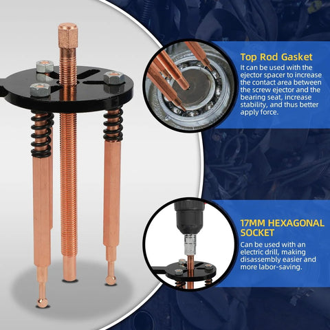 Front view of bearing puller kit with three copper threaded rods and a black crossplate for wheel bearing removal