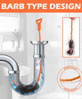 5 Pack 25 Inch Drain Clog Remover Snakes Hair Blockage Buster tool shown unclogging a pipe with hair, barbed flexible design