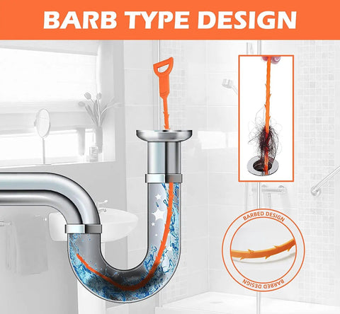 5 Pack 25 Inch Drain Clog Remover Snakes Hair Blockage Buster tool shown unclogging a pipe with hair, barbed flexible design