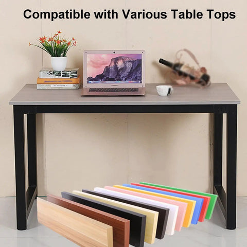 Rock Solid Industrial Metal Table Frame With Heavy Duty Square Tube Furniture Legs And Adjustable Leveling Feet For Workbench Or Side Table In Matte Black. Table shown with laptop and colorful tabletop options.