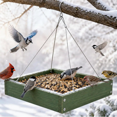 Platform Bird Feeder With Wooden Tray For Outdoor Gardens And Courtyards Hanging Bird Feeder Tray in use with birds feeding