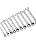 High Torque Ratcheting Wrench Set 10 Piece With 72 Tooth Gear arranged in size order on white background