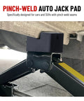 Close-up of Solid Rubber Pinch Weld Blocks Jumper Pads For Auto Lift Jack Stand Support on a scissor lift.