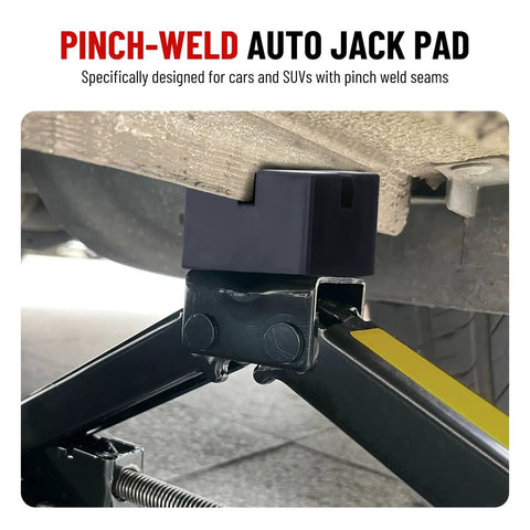 Close-up of Solid Rubber Pinch Weld Blocks Jumper Pads For Auto Lift Jack Stand Support on a scissor lift.