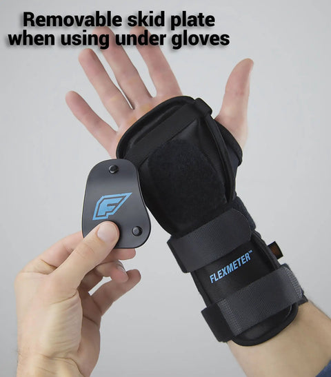 Flexmeter Double Sided Wrist Guards With Integrated D3O Impact Technology showing removable skid plate, size medium.