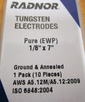 One Eighth Inch By Seven Inch Ground Finish Pure Tungsten Electrode 10 Pack For TIG Welding packaging label close-up