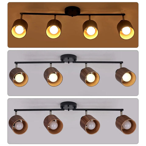4 Light Track Lighting Kit 36 Inch Black Ceiling Mount With Natural Wood Finish Directional Spots For Living Room Kitchen And Utility Room Modern Mid Century Style Vibe