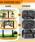 Comparison of outdoor garden hose holder stand with 5 spikes and 2 shepherd hooks showing multi-functional hooks and rust-proof coating