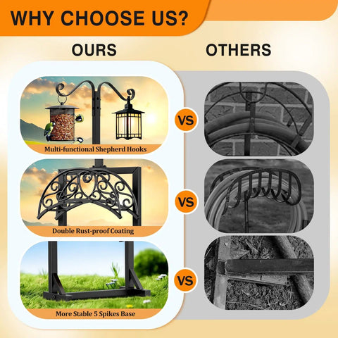 Comparison of outdoor garden hose holder stand with 5 spikes and 2 shepherd hooks showing multi-functional hooks and rust-proof coating