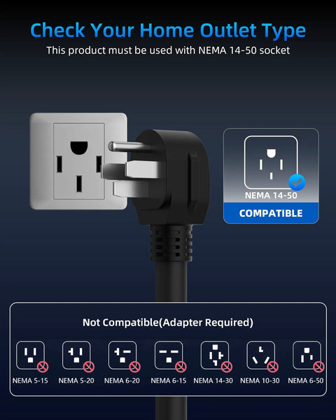 Tesla 40A Level 2 EV Charger 9.6kW 240V With 25Ft Cable NEMA 14-50 Plug And NACS Connector Portable EV Charger For Model S 3 X Y Cybertruck ETL Certified Fast Home And On The Go, showing NEMA 14-50 plug compatibility chart.