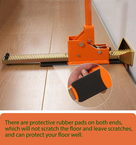 Side view of orange hardwood flooring jack installation tool with toothed rail and rubber guard.
