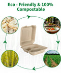 100 Pack 3-Compartment Compostable Takeout Lunch Boxes With Lids 8x9 Inch Clamshells surrounded by eco-friendly symbols