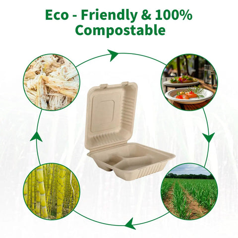 100 Pack 3-Compartment Compostable Takeout Lunch Boxes With Lids 8x9 Inch Clamshells surrounded by eco-friendly symbols