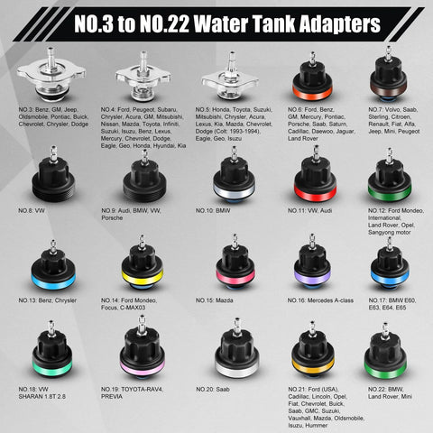 ADAFIRST 20-piece water tank adapters set (No.3-No.22) for automotive cooling; black adapters with color-coded rims.