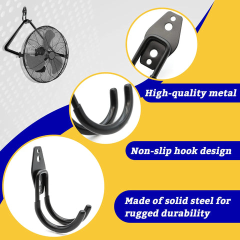 Two Pack Wall Fan Mounting Brackets with Industrial Grade Design featuring heavy duty non-slip hooks and fan in use.
