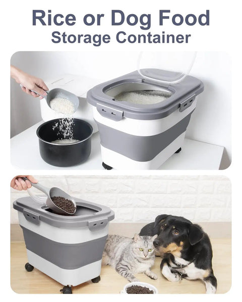 Space Saving Collapsible Rice Storage Container With 20 To 30 Lb Capacity Rolling Wheels Airtight Locking Lid in use