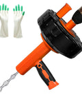 Heavy Duty 33 Foot Auto Feed Drain Auger And Sink Snake Knock Out Stubborn Bathroom And Kitchen Pipe Clogs With A Smooth No Sweat Push Button Extension Rig with orange handle and silver auger.