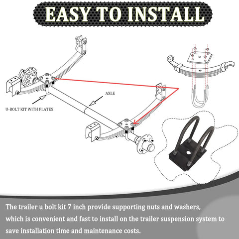 Diagram showing Beefed Up Heavy Duty Trailer U Bolt Kit for 5200 to 7000 pound axles with hardware installation details.
