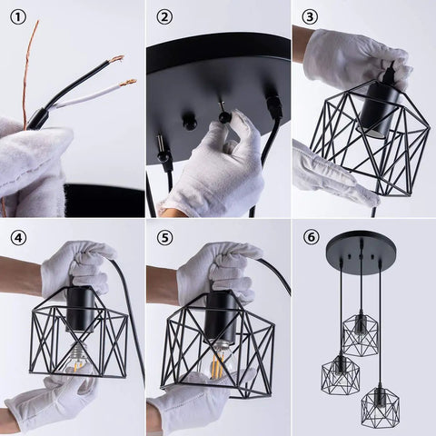 Installation process of Industrial 3-Light Pendant Light With Black Metal Cage Shade, Adjustable Hanging Fixture for various spaces