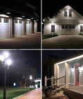 Outdoor night scenes with buildings and pathways lit by energy-saving lamps.