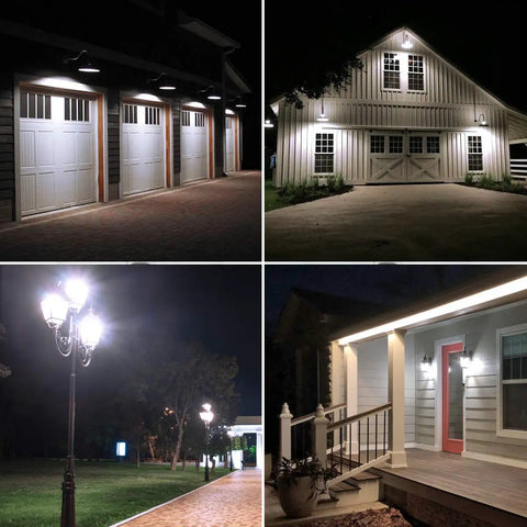 Outdoor night scenes with buildings and pathways lit by energy-saving lamps.
