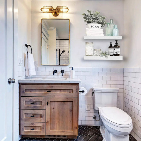 Floating Bathroom Shelves Over Toilet Set Of 2 In White MDF With Steel Brackets Farmhouse Wall Mounted Shelves in use