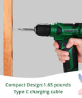 Smooth As Hell 8V Cordless Drill Set With One Hand Keyless Chuck And 42 Piece Accessory Kit Built In Bright Led Work Light Type C Fast Charge Cable, close-up of drill in use on wood.