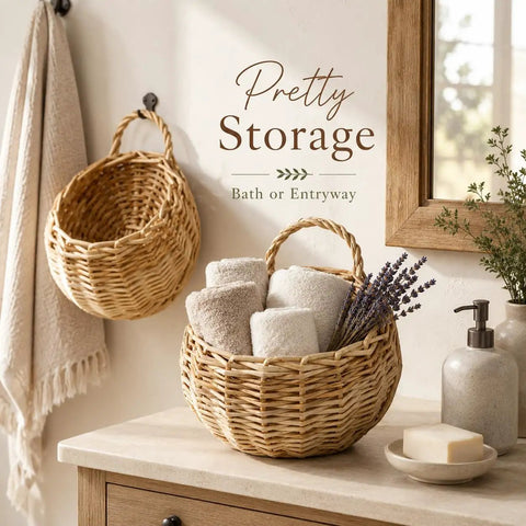 Premium Woven Wicker Hanging Basket Set Of Two Nine Inch Wall Planter With Built In Drainage Guard For Zero Mess Indoors Out And Total Patio Life Flex Upgrade