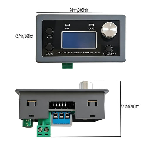 Three Phase Brushless Motor Driver Module With Modbus 300W 10 To 30V Input Precise Speed Control Beefs Up Your Setup Inching And Timing Modes Limit And Output Control Temperature Protection CW CCW Power Off Memory 23 Fixed Operating Modes front view, 78mm wide