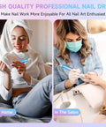 A Killer Rechargeable Cordless Nail Drill Running 35000Rpm To Shape Acrylics Swift While Acting As A Trustworthy Electric Nail File For Weekend Spa Days Or Salon Runs. Woman using nail drill at home, and another in a salon setting.