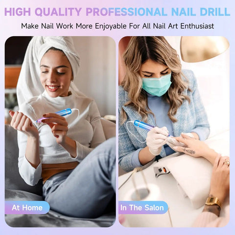A Killer Rechargeable Cordless Nail Drill Running 35000Rpm To Shape Acrylics Swift While Acting As A Trustworthy Electric Nail File For Weekend Spa Days Or Salon Runs. Woman using nail drill at home, and another in a salon setting.
